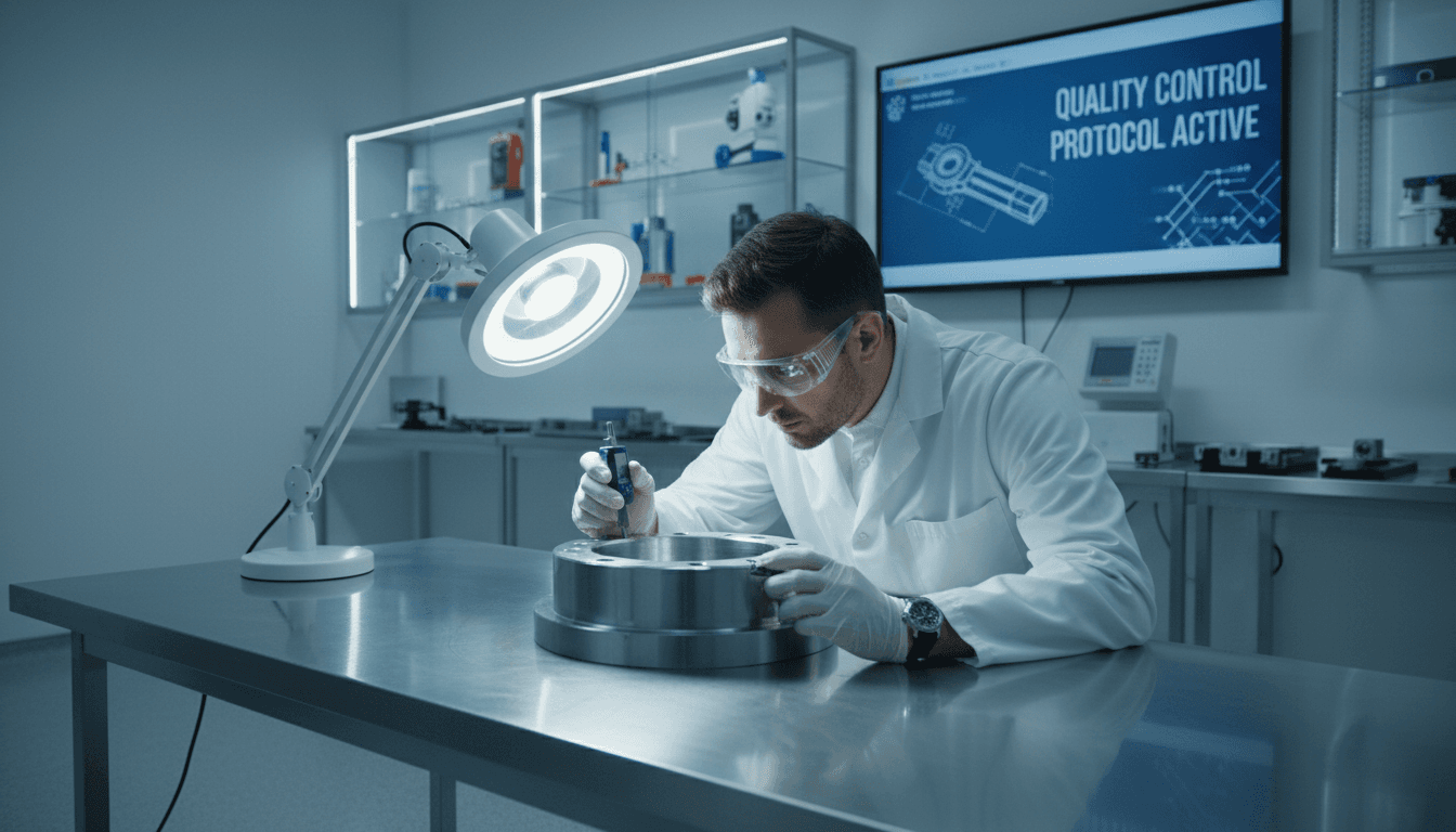 Technician inspecting a machined part under bright lighting