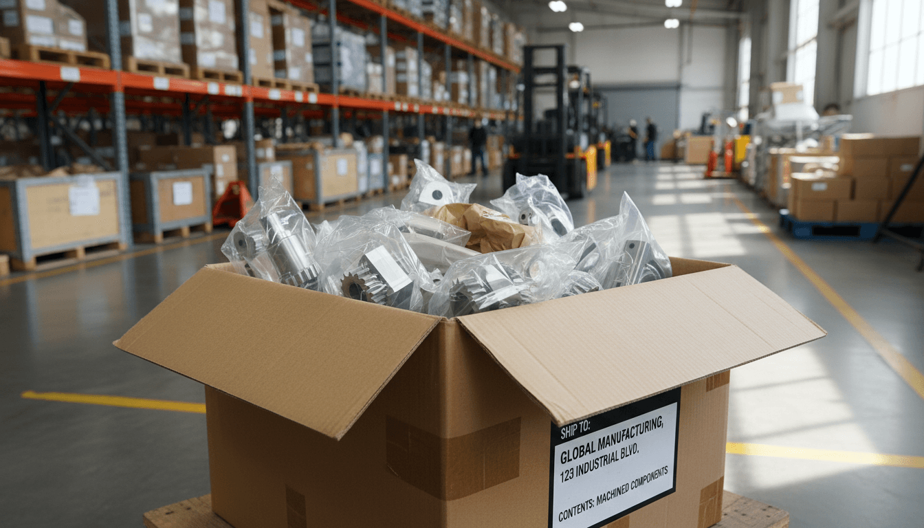Boxed machined parts ready for shipment in a warehouse