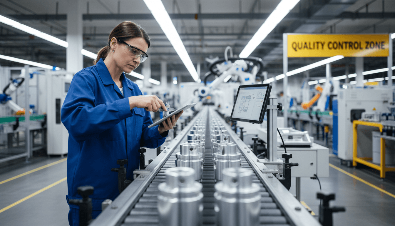 Worker inspecting machined components on a production line