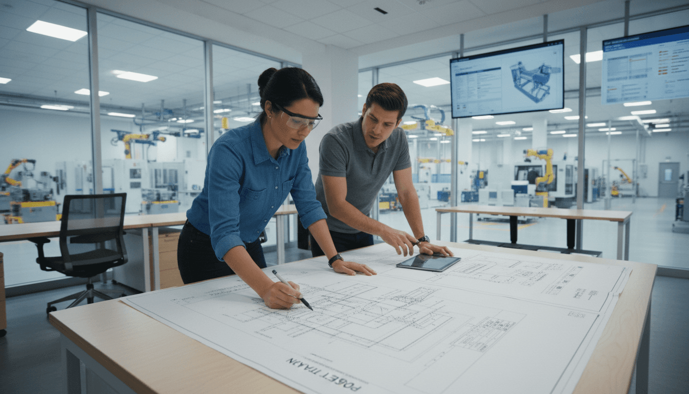 Engineer reviewing a technical blueprint at a clean desk