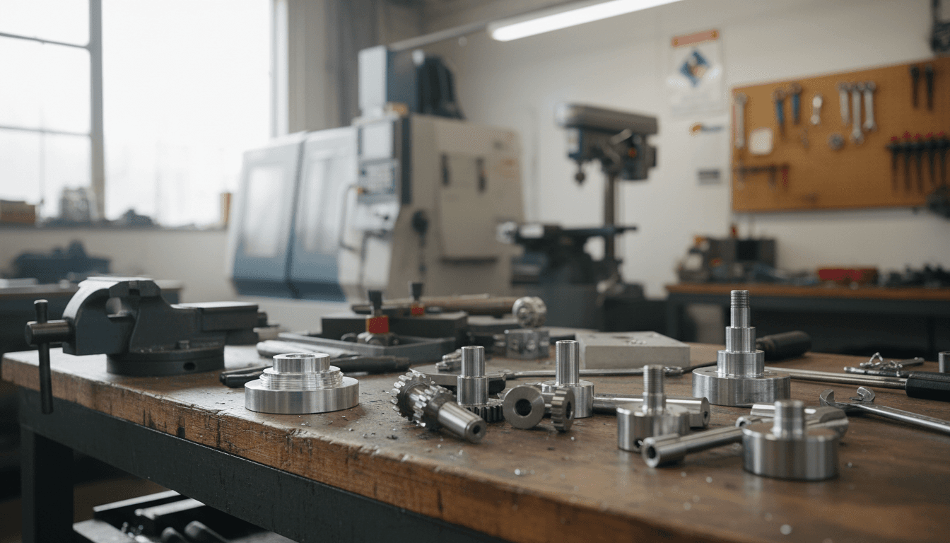 Machined metal parts on a workbench in a machine shop