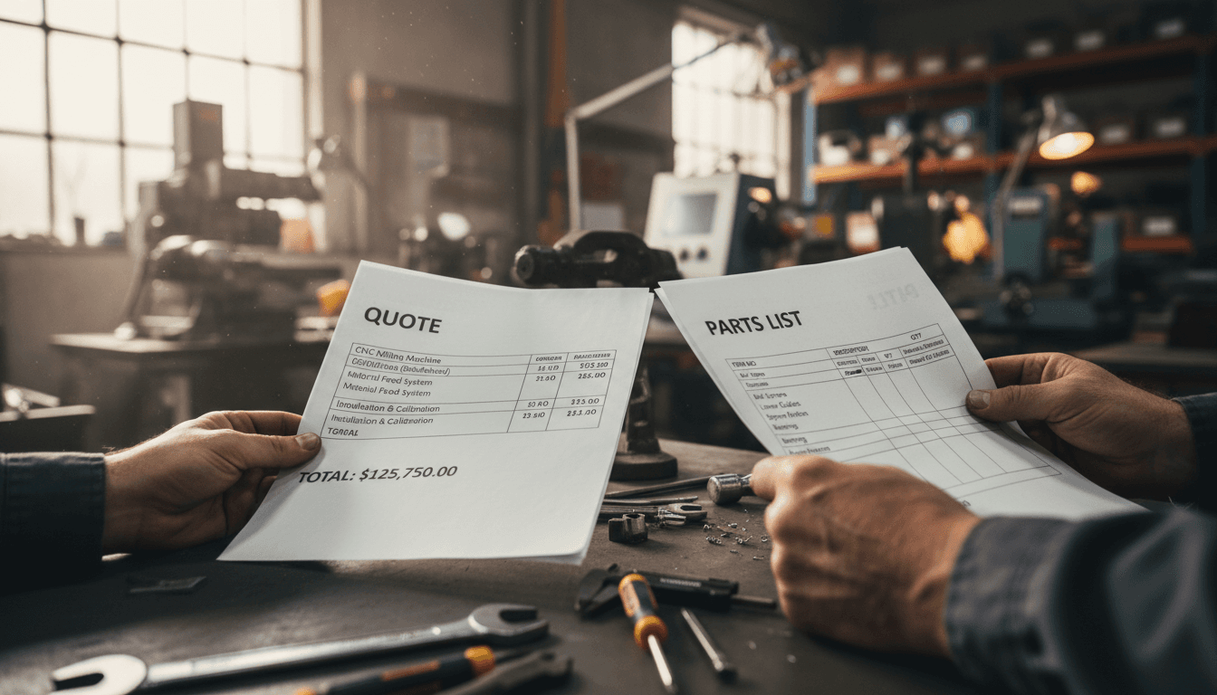 Hands reviewing a printed quote next to machined parts