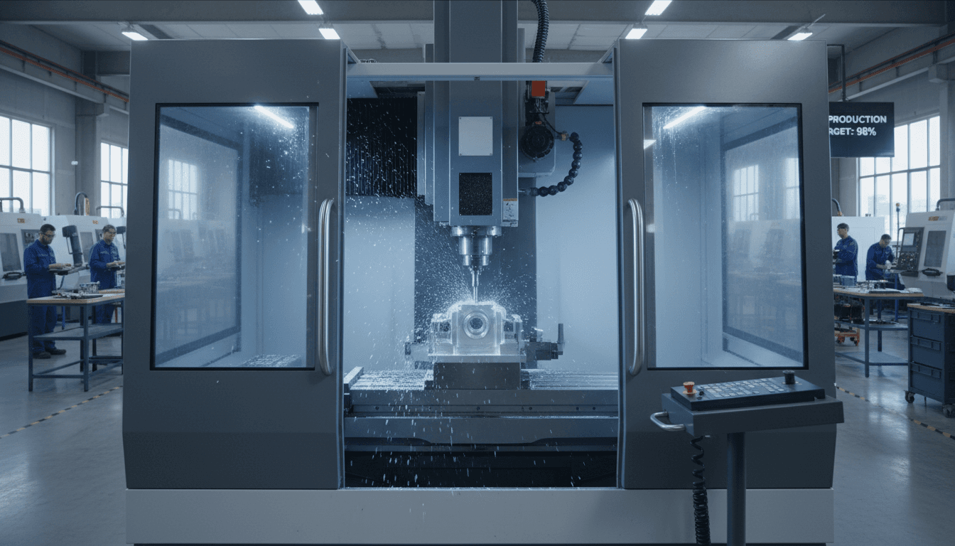CNC machine cutting a metal part in a modern machining facility