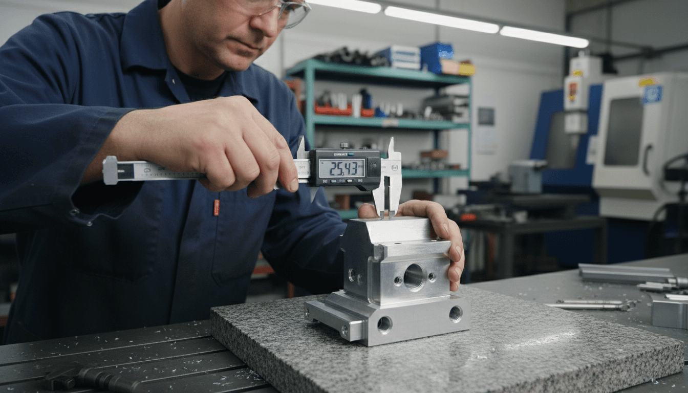Machinist measuring a metal prototype with calipers