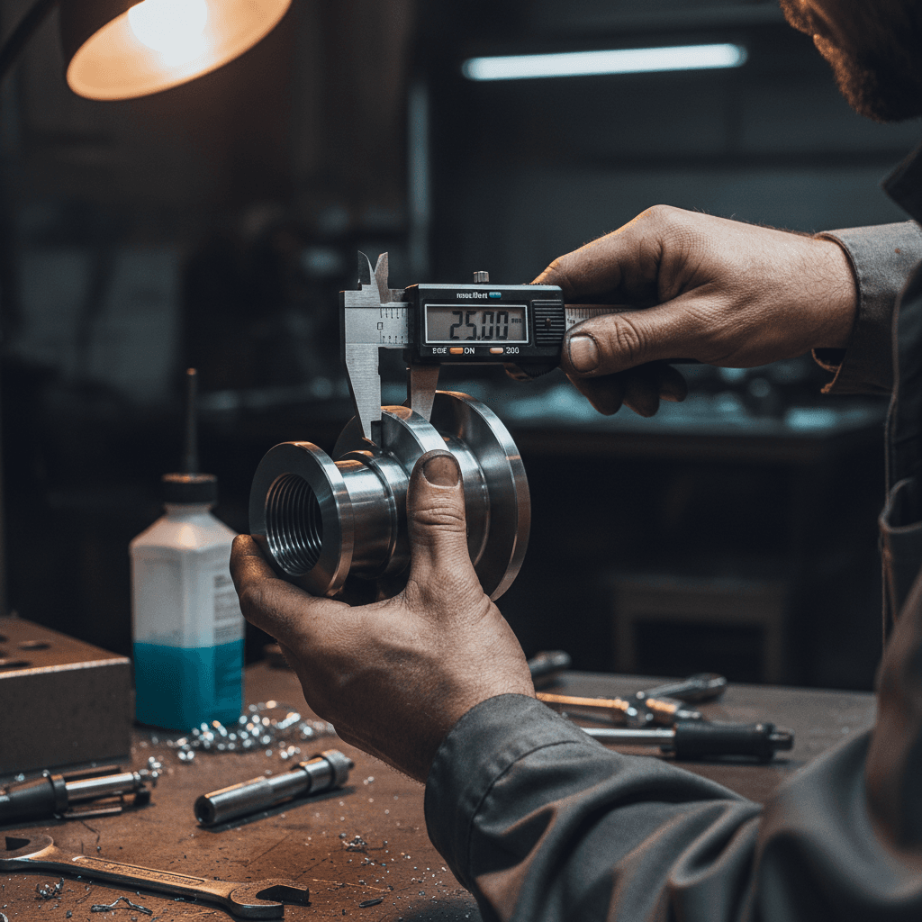 Close-up of machinist measuring a metal part with calipers