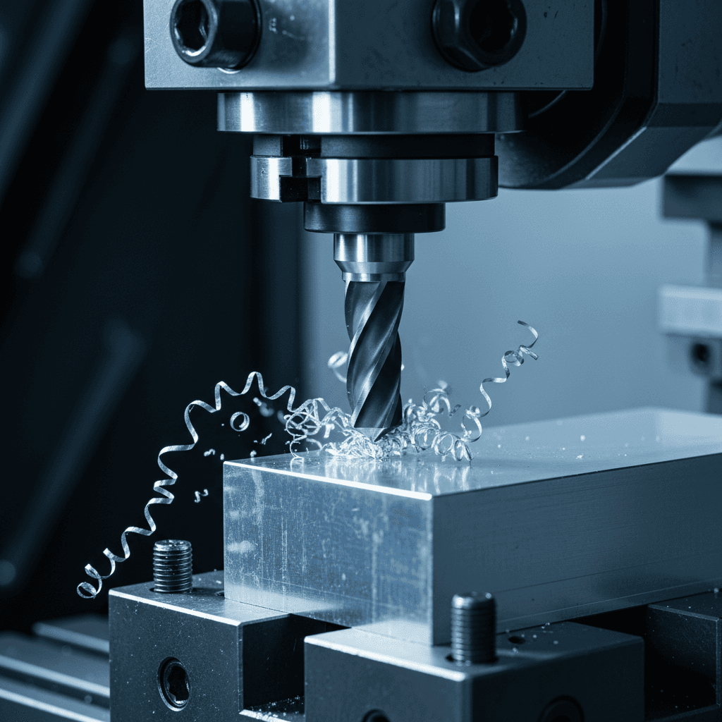 CNC machine cutting a metal part with coolant in a modern workshop