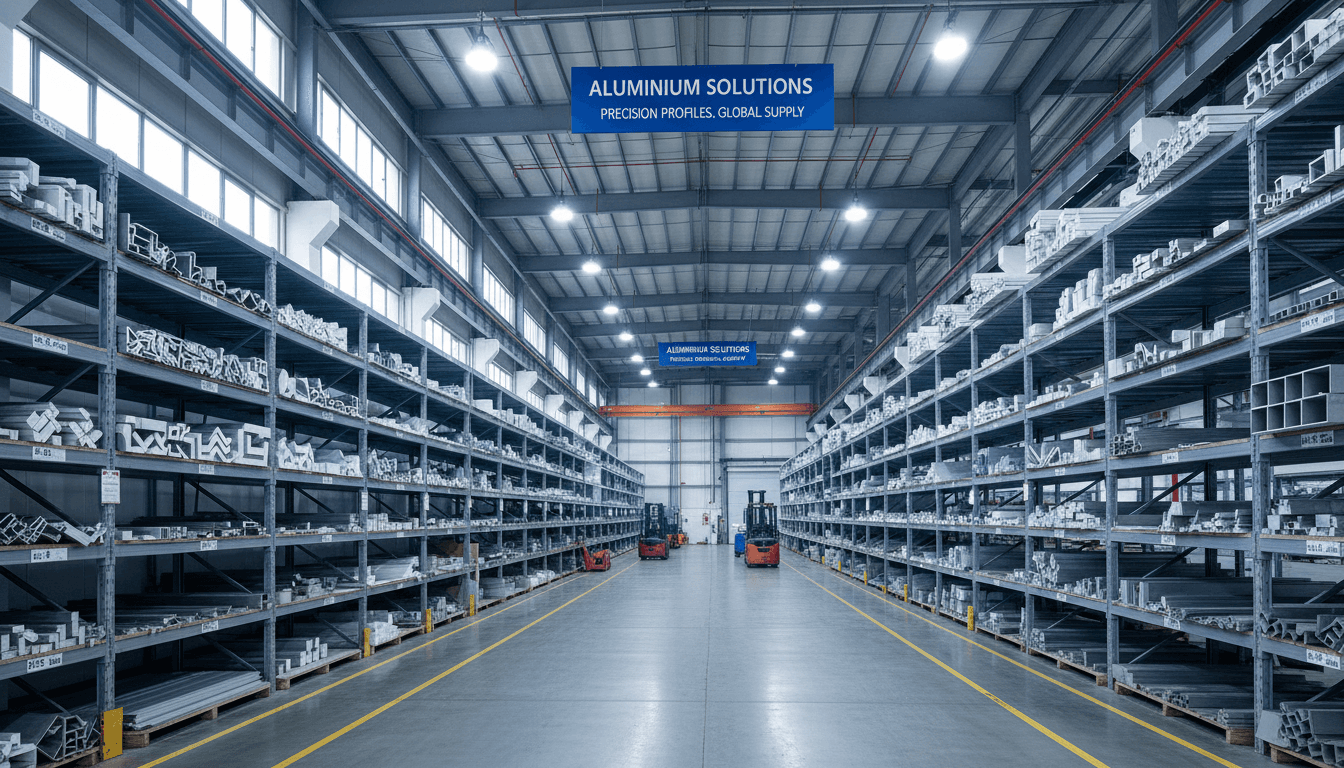 Rows of identical machined aluminum parts arranged on a factory shelf
