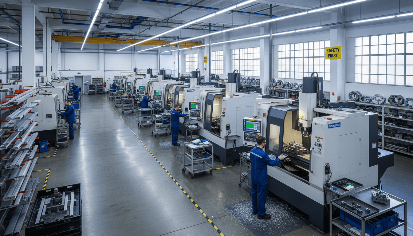 CNC machine cutting metal in a modern workshop