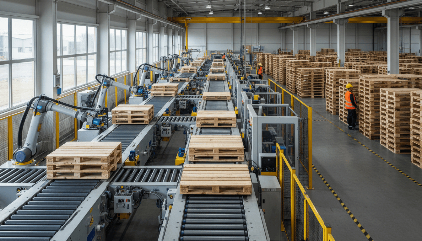 Stack of CNC machined metal brackets arranged neatly on an industrial pallet