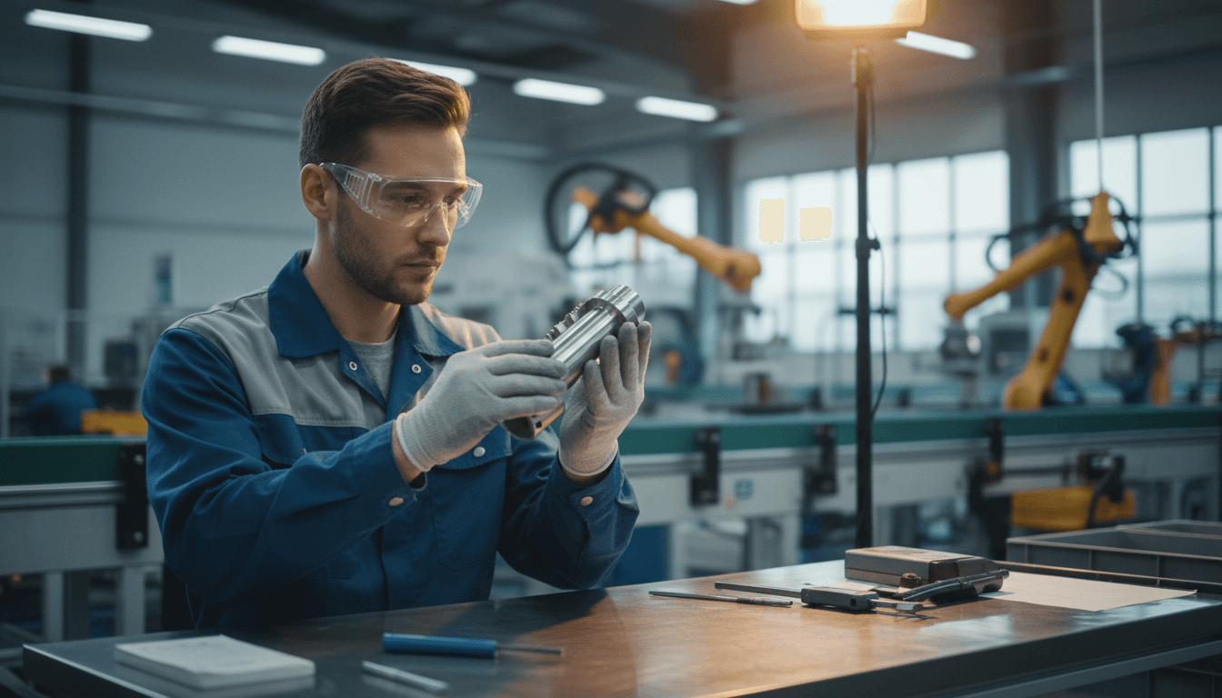 Worker in safety glasses inspecting machined parts on a workbench