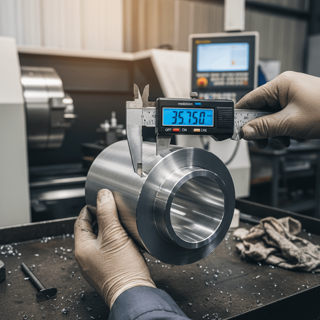 Precision metal part being inspected on a workbench in a machine shop