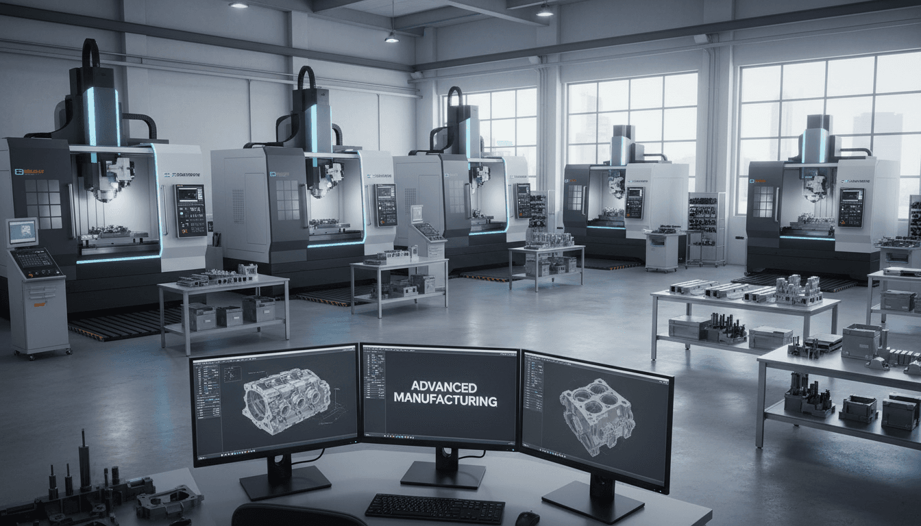 CNC machine cutting metal part in modern manufacturing facility