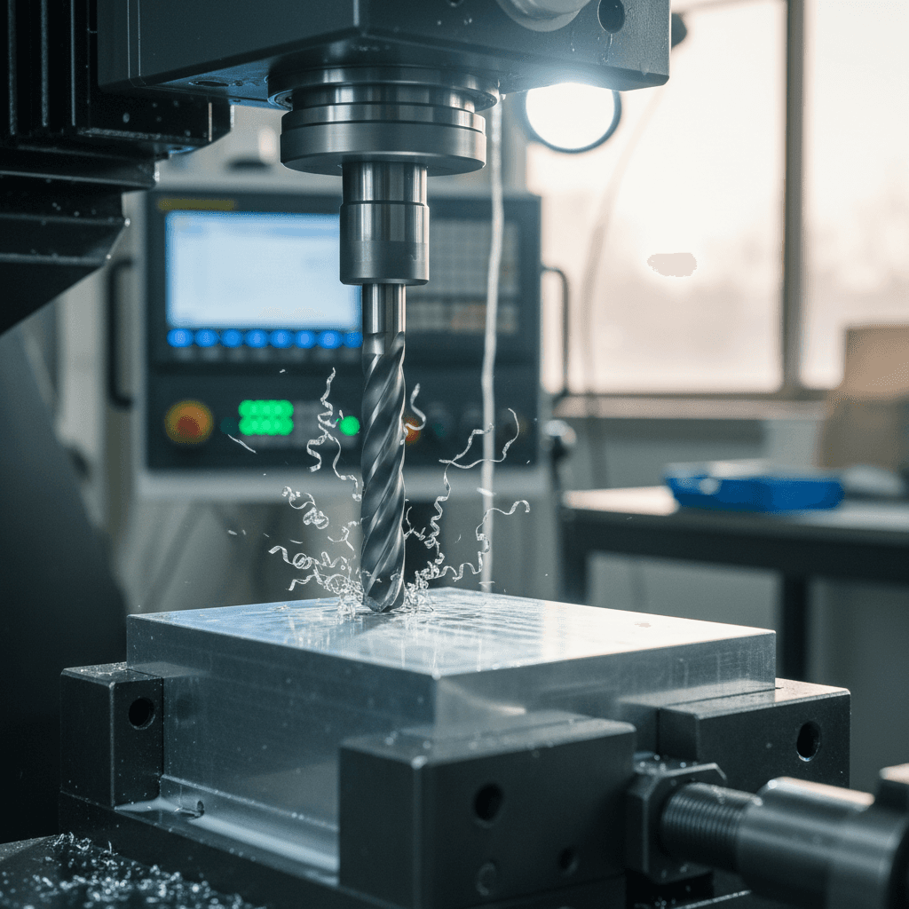 CNC milling machine cutting a metal part in a modern machine shop