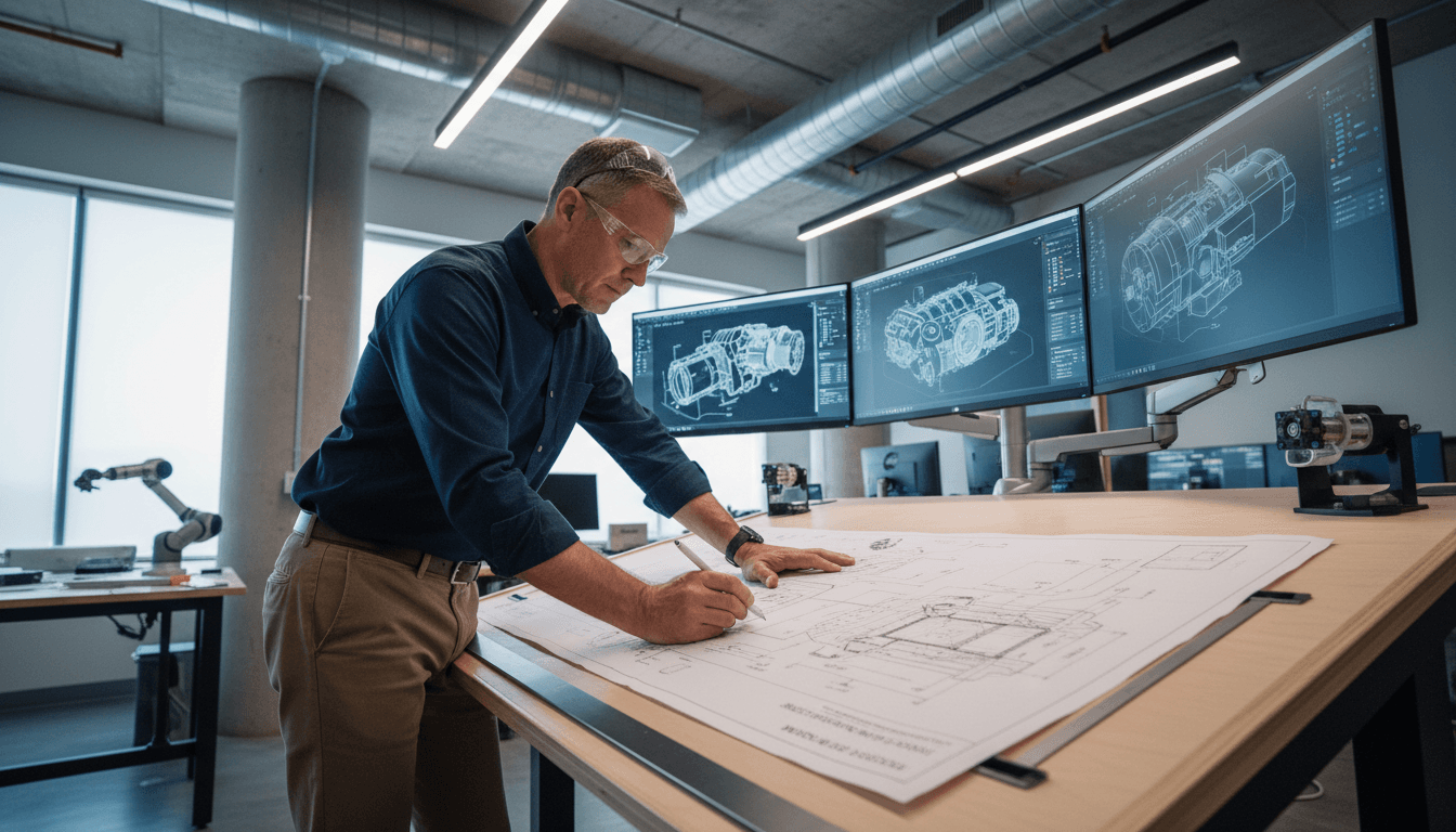 Engineer reviewing a technical drawing on a clean desk