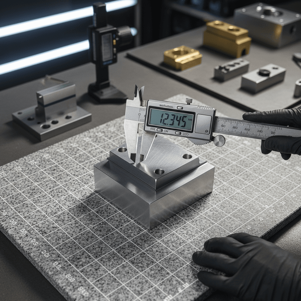 Quality inspector measuring a precision metal part with a micrometer in a laboratory
